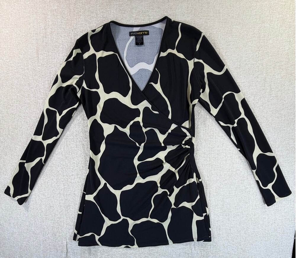 Eva Varro Women Small Black Cream Giraffe Print Faux Wrap Long Sleeve Top Artsy2